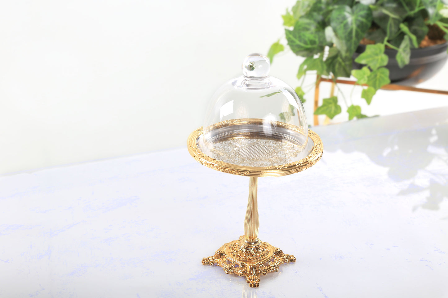 Silver Pedestal Dessert Stand with Glass Dome | Gold, Silver & Antique Finish