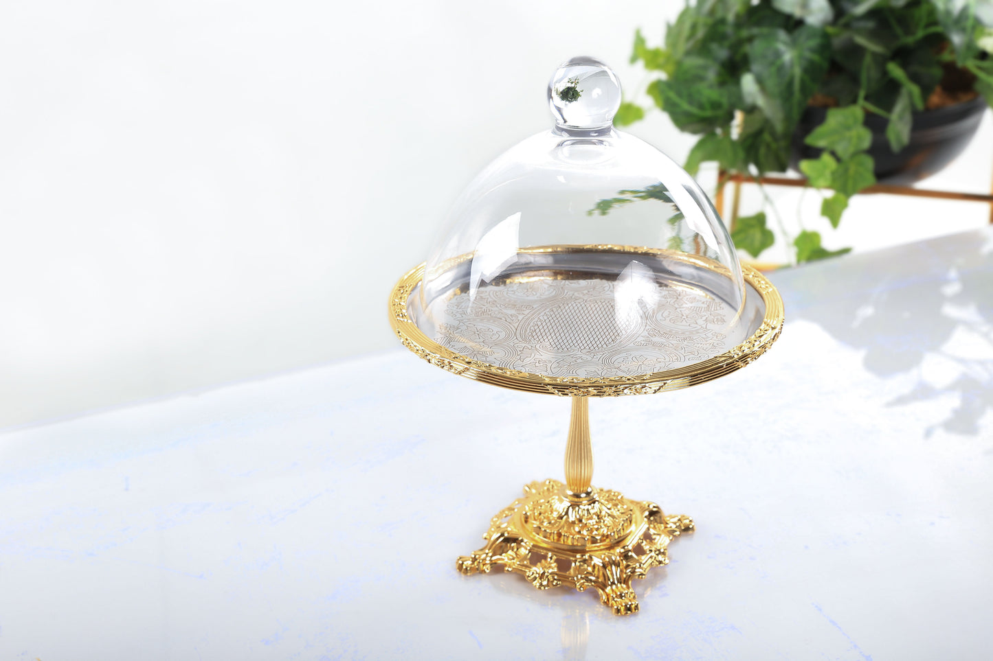 Silver Pedestal Dessert Stand with Glass Dome | Gold, Silver & Antique Finish