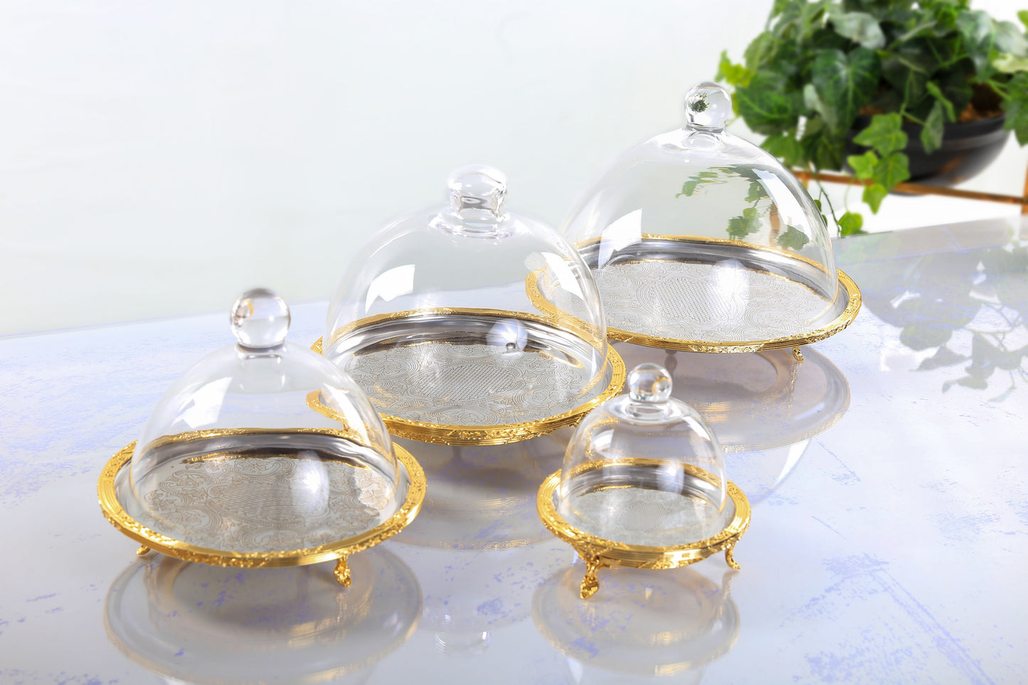 Silver Round Cake Stand with Glass Dome | Footed Dessert Serving Tray