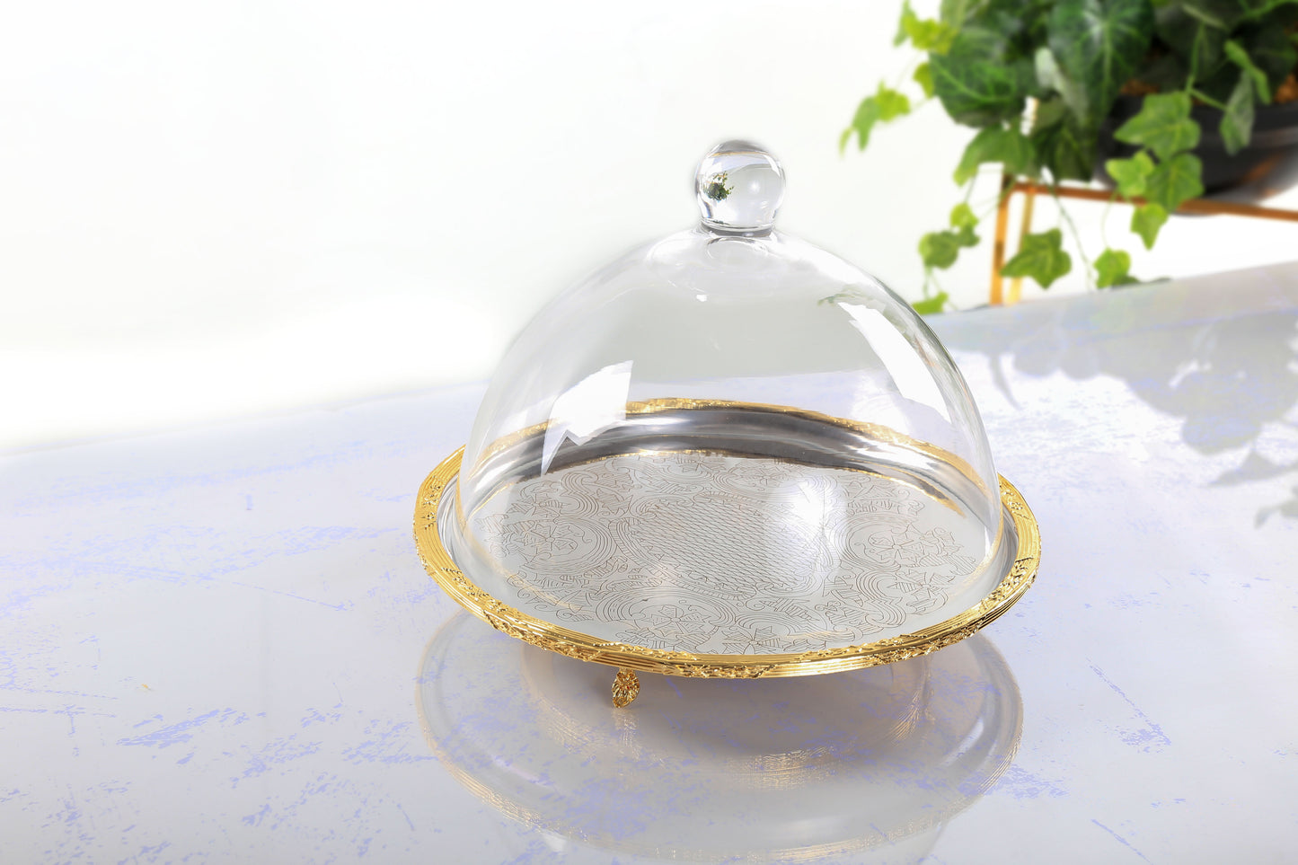 Silver Round Cake Stand with Glass Dome | Footed Dessert Serving Tray