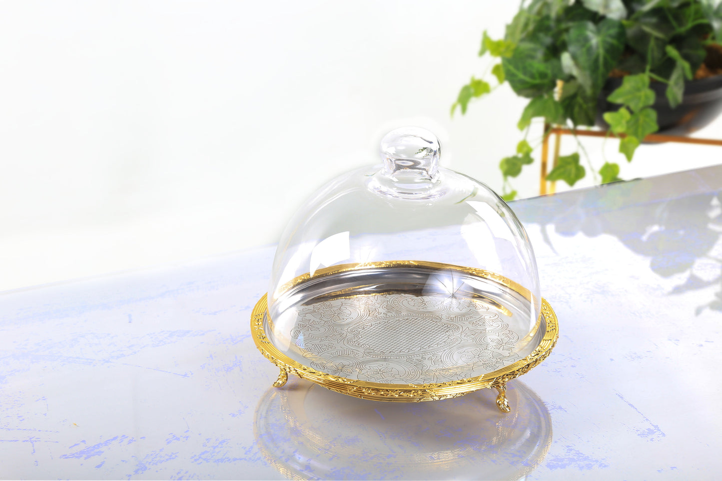 Silver Round Cake Stand with Glass Dome | Footed Dessert Serving Tray