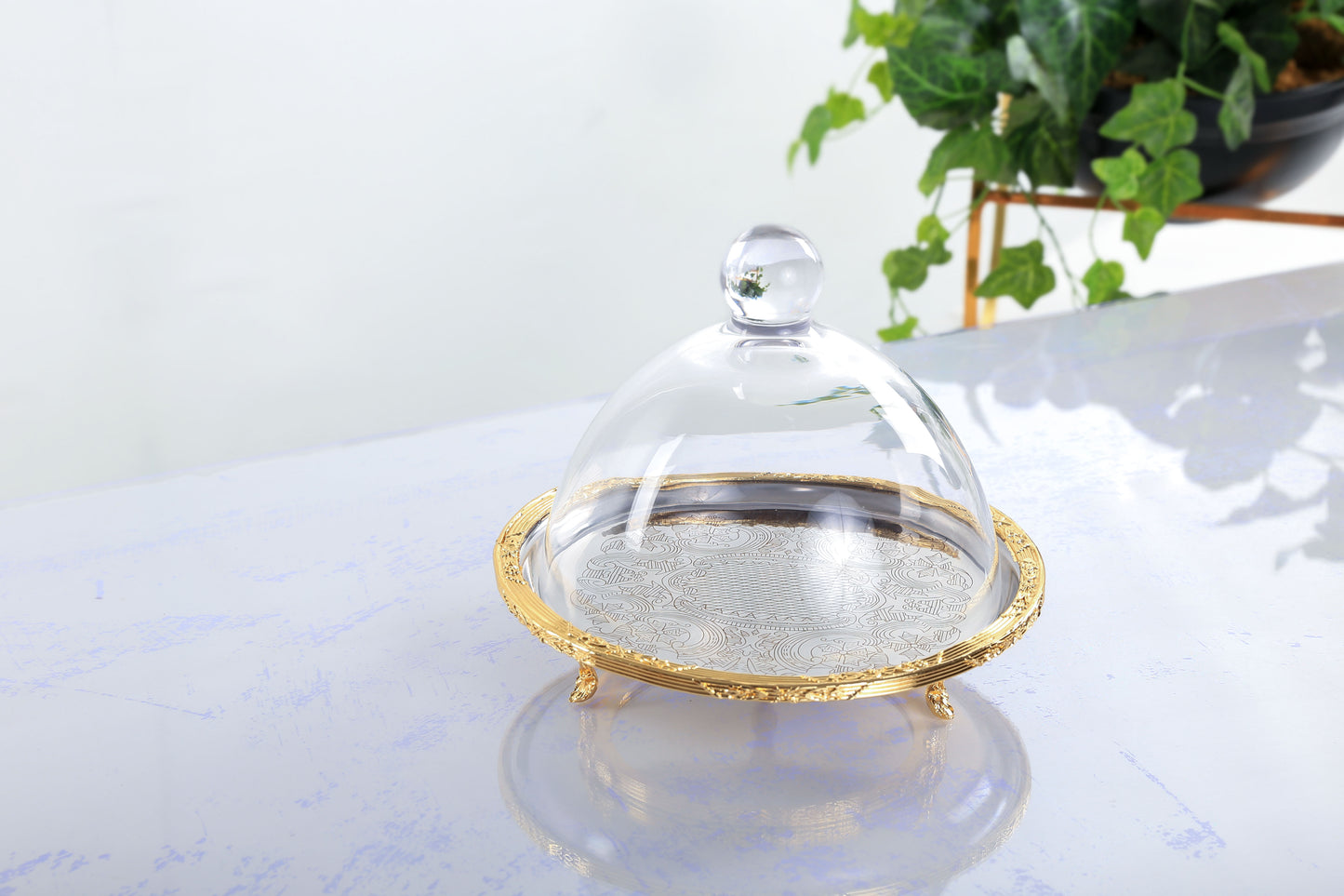 Silver Round Cake Stand with Glass Dome | Footed Dessert Serving Tray