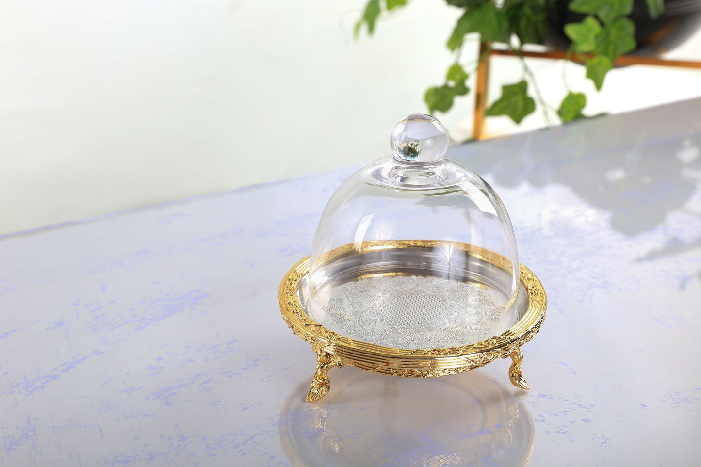 Silver Round Cake Stand with Glass Dome | Footed Dessert Serving Tray