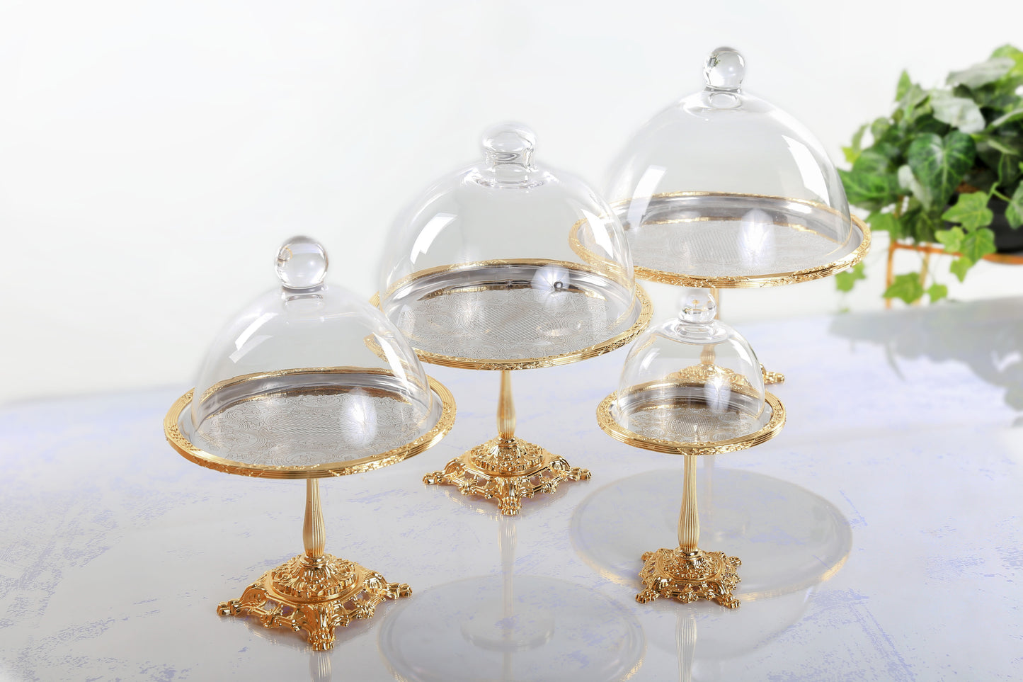 Silver Pedestal Dessert Stand with Glass Dome | Gold, Silver & Antique Finish