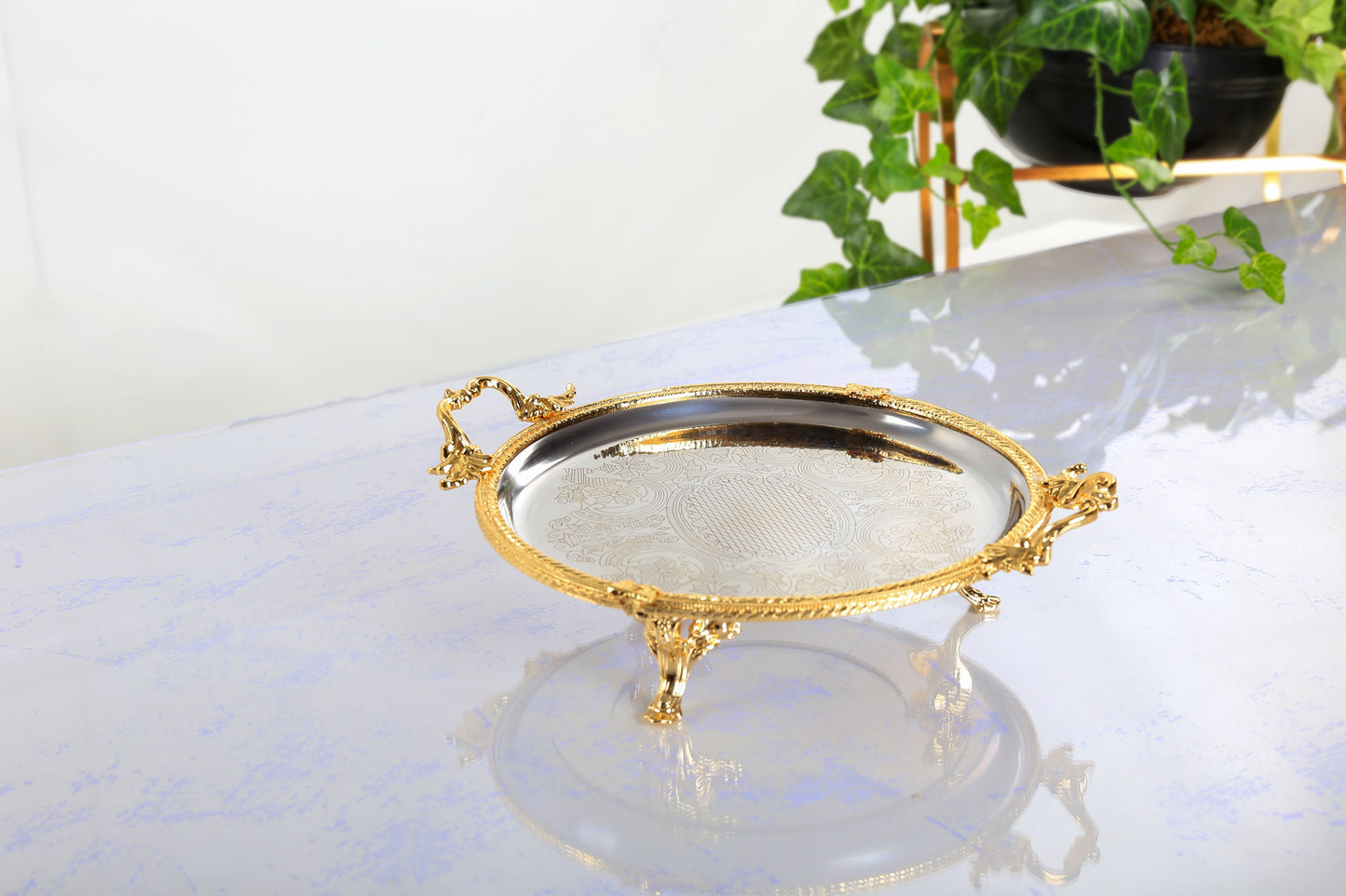 Silver Footed Serving Tray with Handles | Round Decorative Platter