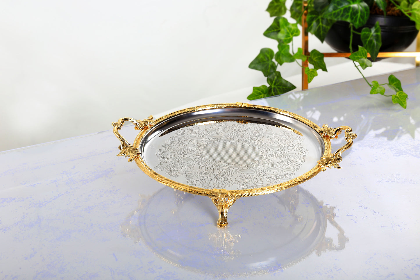 Silver Footed Serving Tray with Handles | Round Decorative Platter