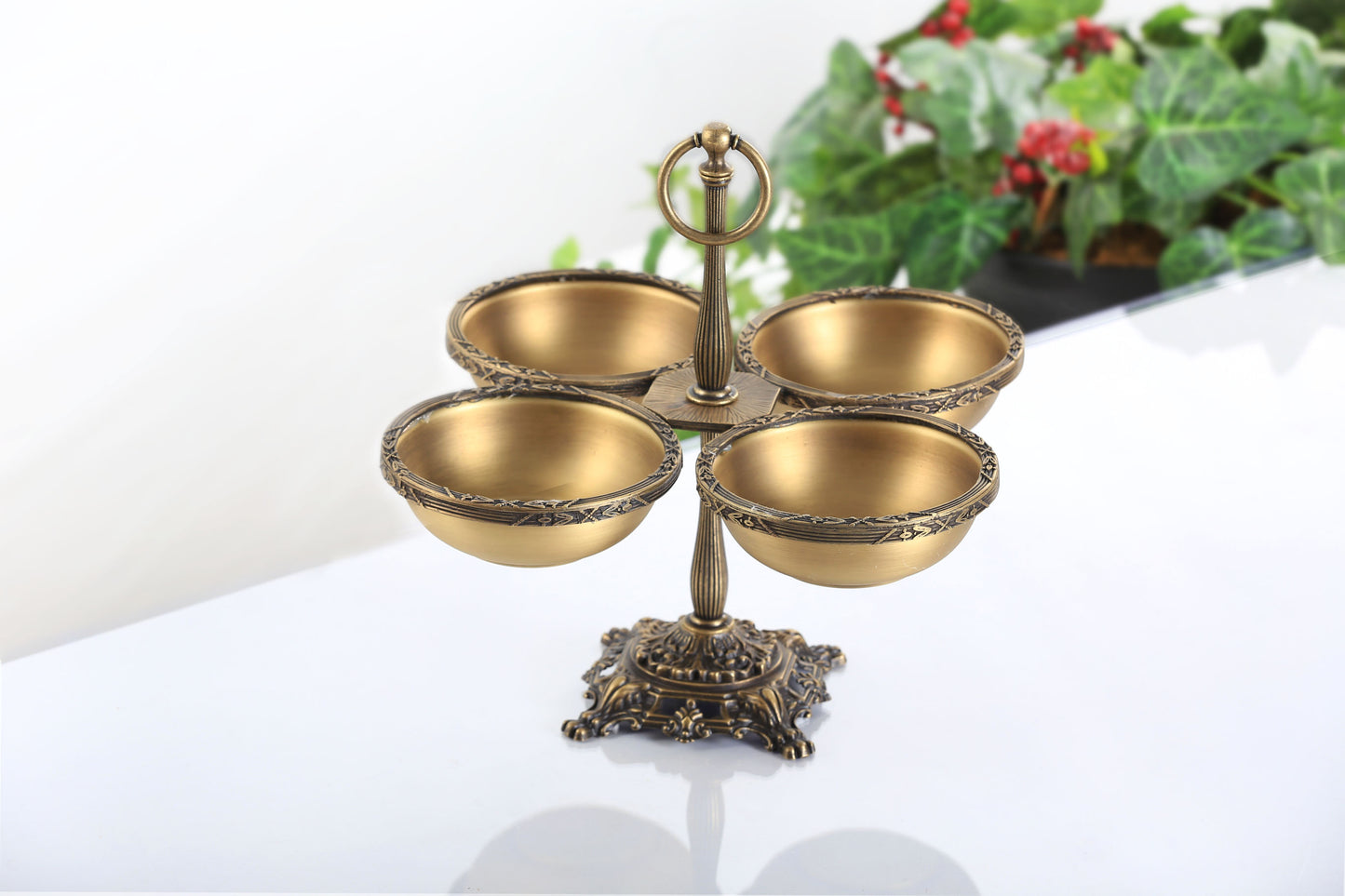 Quadruple Candy Dish with Handle | Gold Pedestal Serving Bowl
