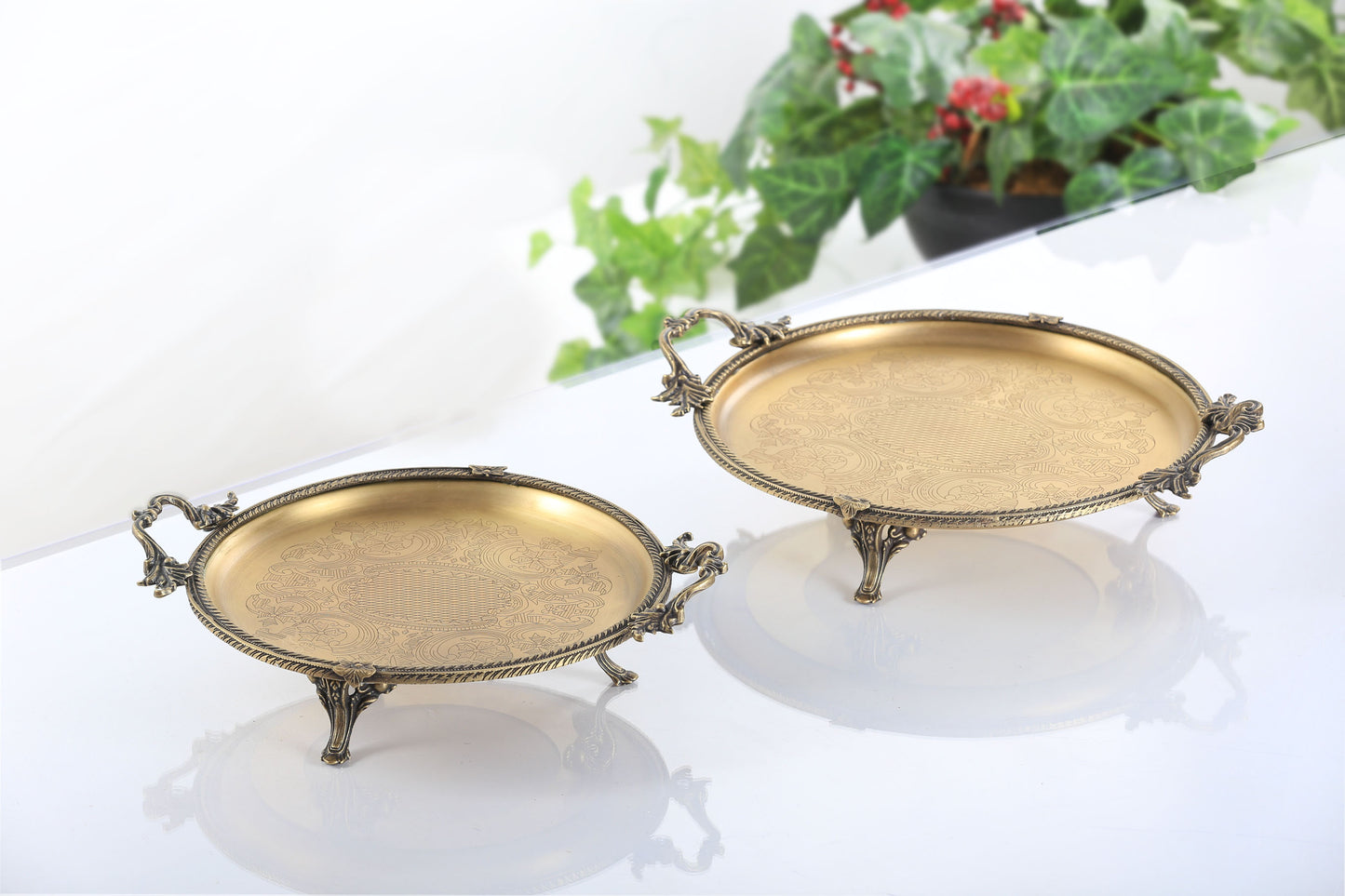 Silver Footed Serving Tray with Handles | Round Decorative Platter