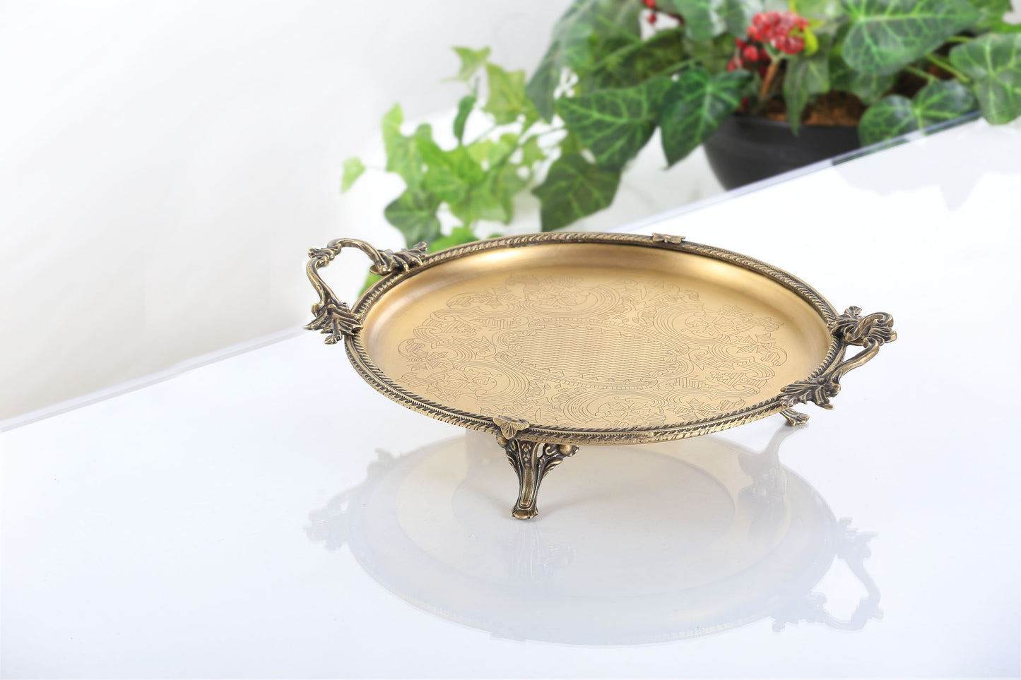 Silver Footed Serving Tray with Handles | Round Decorative Platter