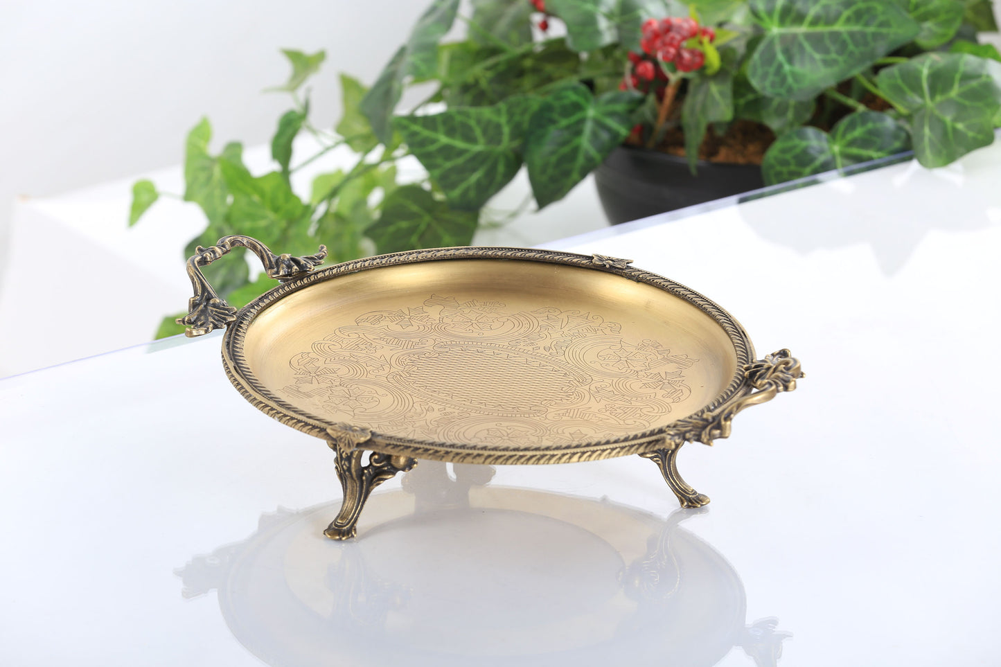 Silver Footed Serving Tray with Handles | Round Decorative Platter