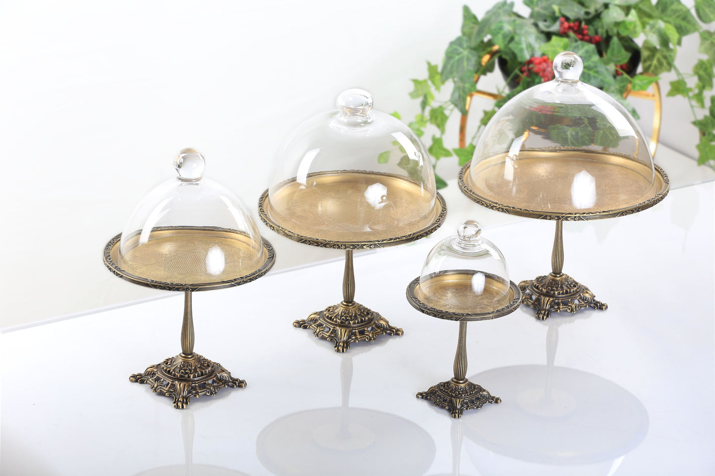 Silver Pedestal Dessert Stand with Glass Dome | Gold, Silver & Antique Finish