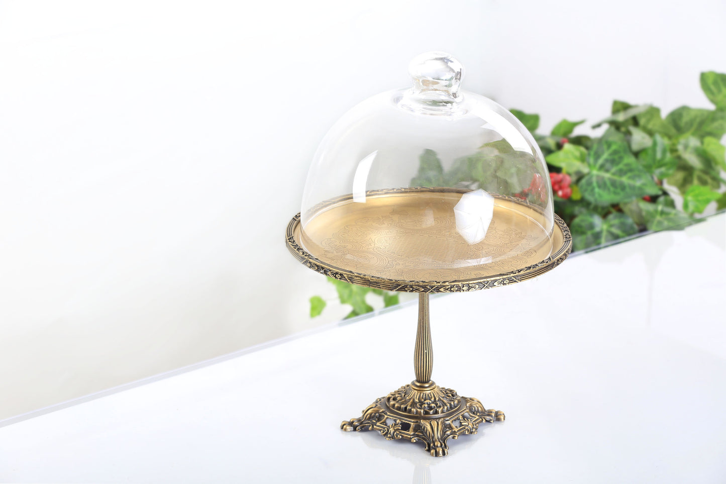 Silver Pedestal Dessert Stand with Glass Dome | Gold, Silver & Antique Finish