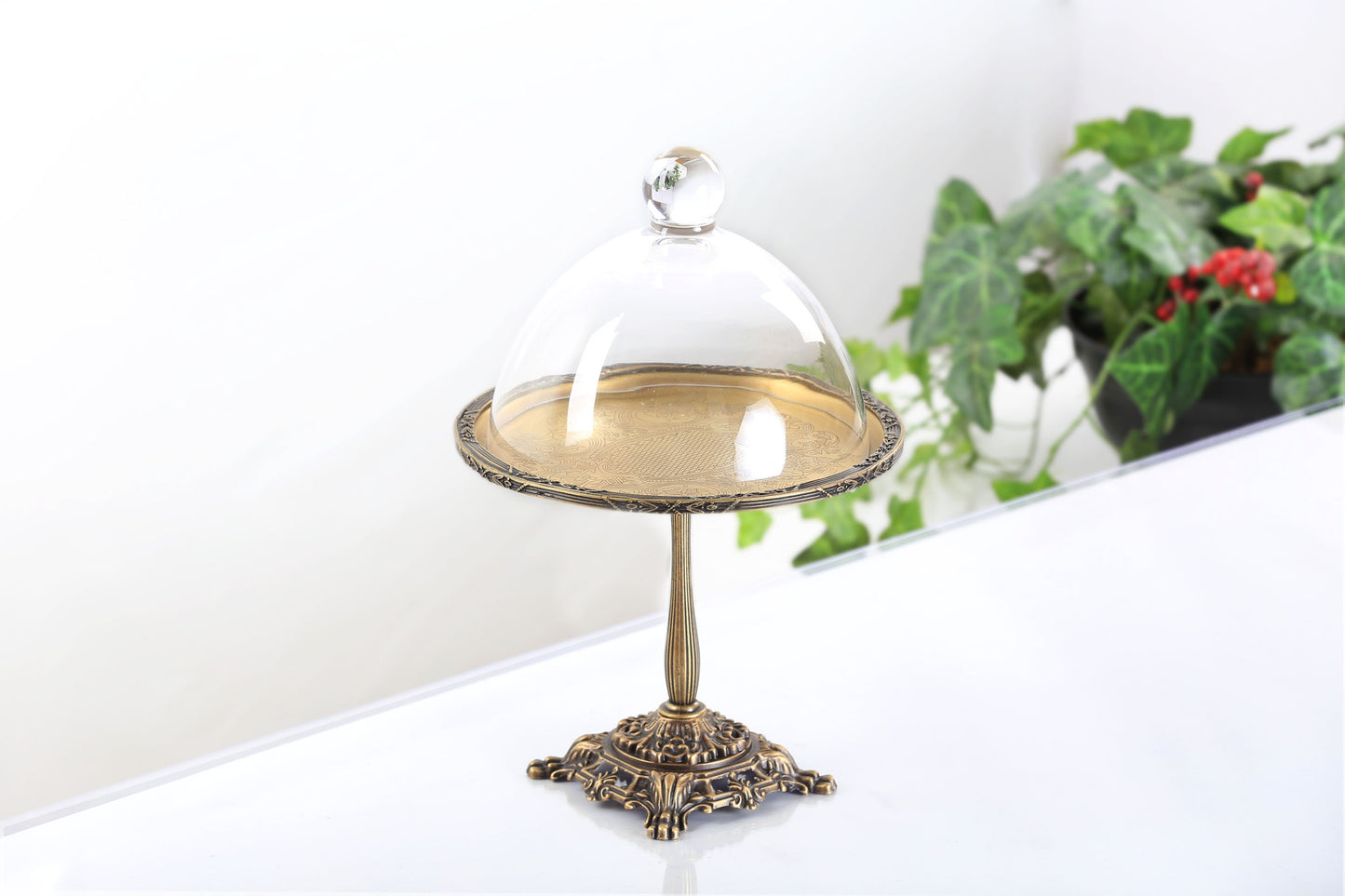 Silver Pedestal Dessert Stand with Glass Dome | Gold, Silver & Antique Finish