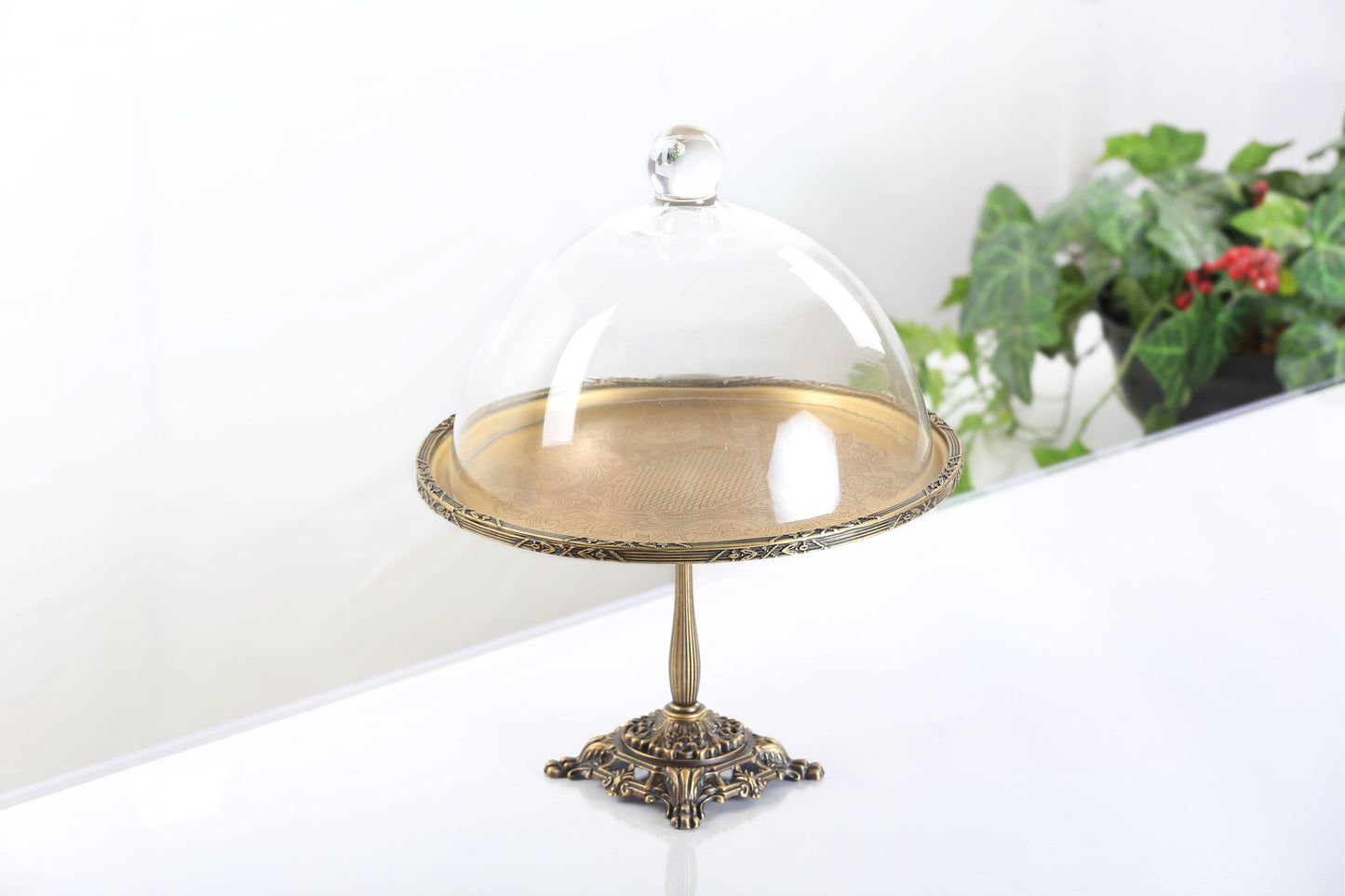 Silver Pedestal Dessert Stand with Glass Dome | Gold, Silver & Antique Finish