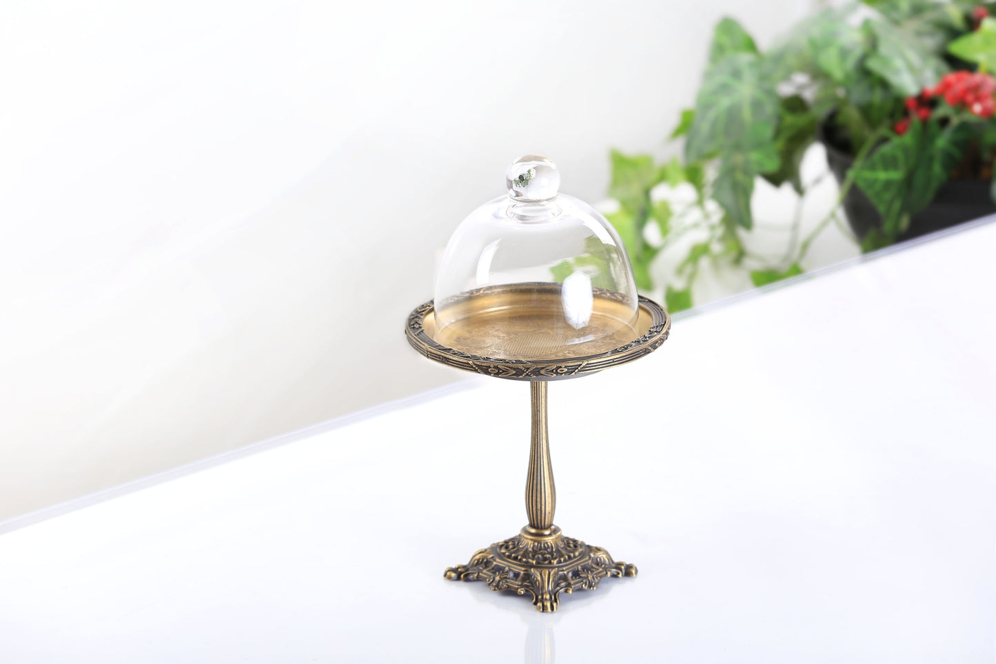Silver Pedestal Dessert Stand with Glass Dome | Gold, Silver & Antique Finish