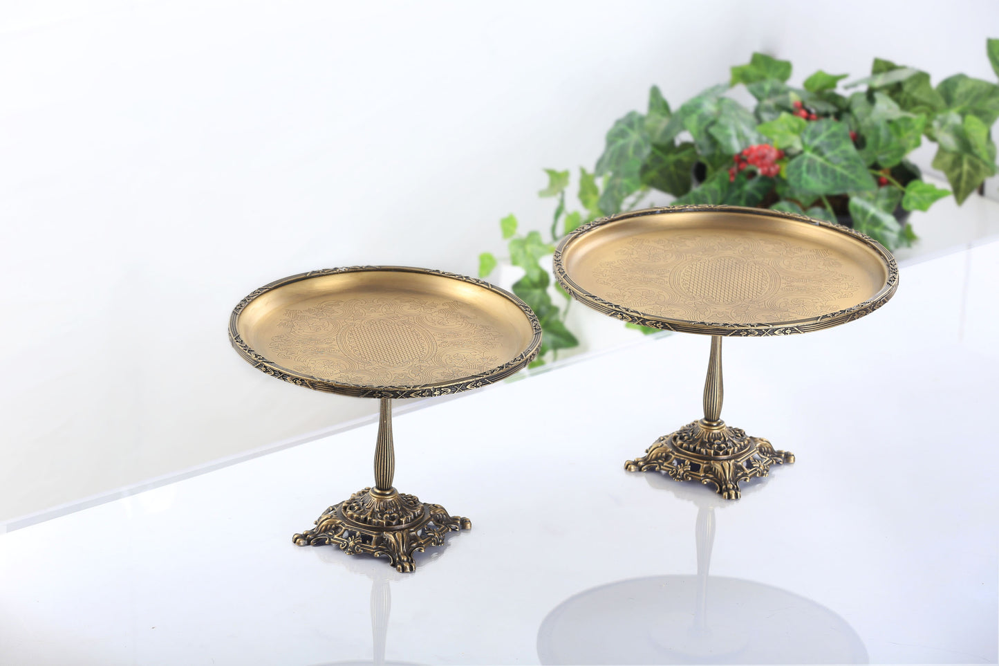 Gold Pedestal Dessert Stand | Vintage Metal Cake Display Tray