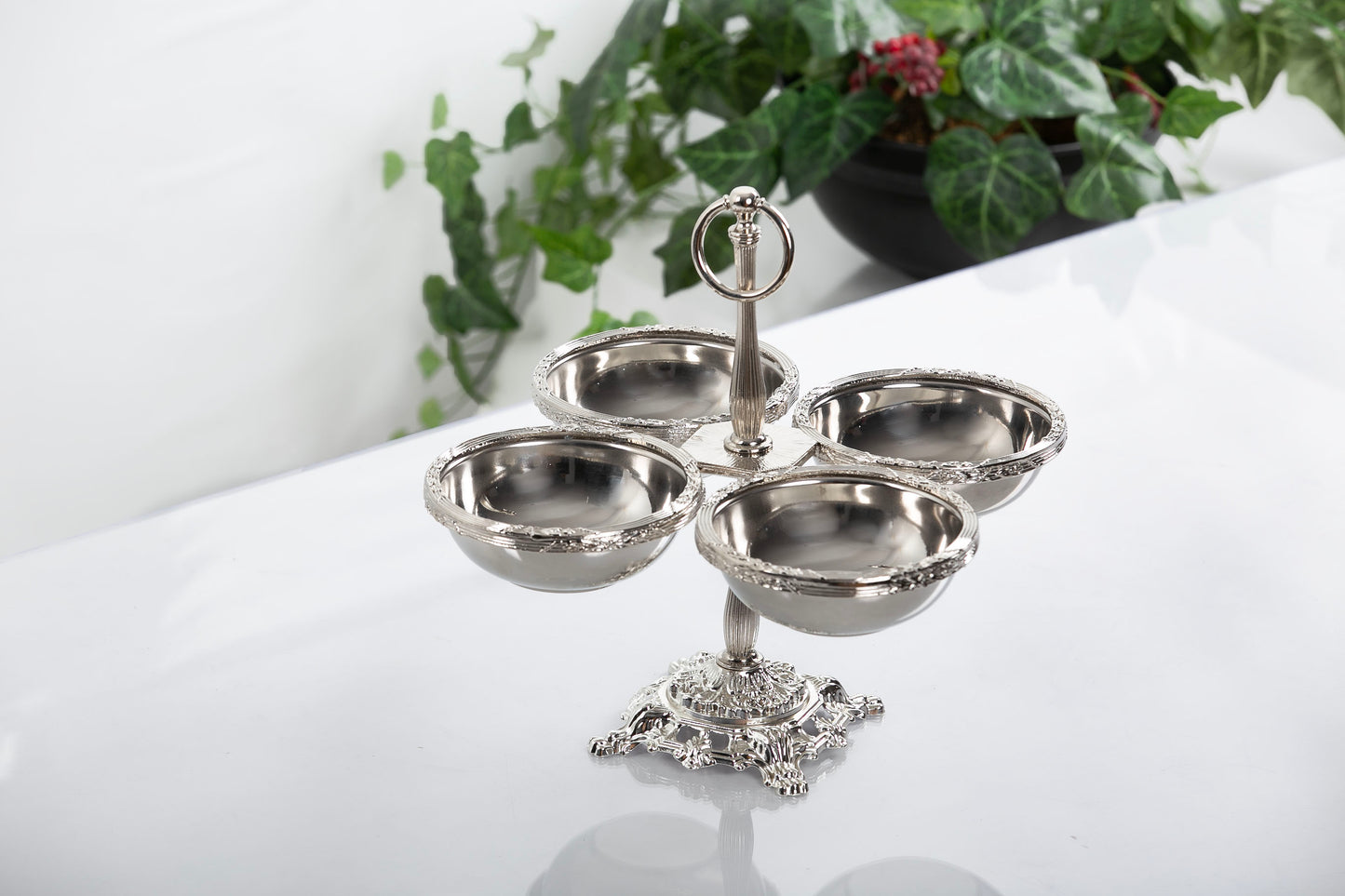 Quadruple Candy Dish with Handle | Gold Pedestal Serving Bowl