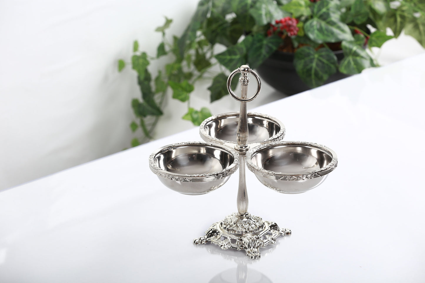 Triple Candy Dish with Handle | Antique Pedestal Serving Bowl