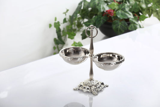 Double Candy Dish with Handle | Silver Pedestal Serving Bowl