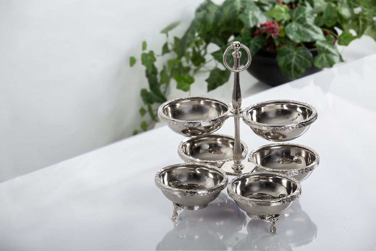 Antique 6 Bowl Snack, Condiment Serving Stand – Gold Silver Vintage