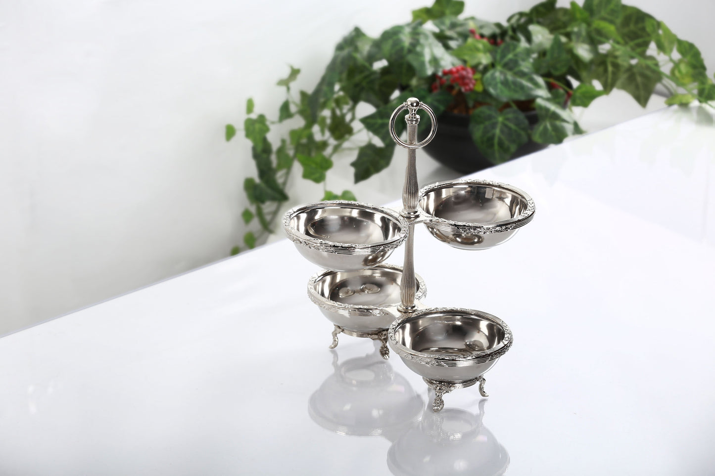 Silver Quadruple Candy Dish with Handle | Pedestal Serving Bowl