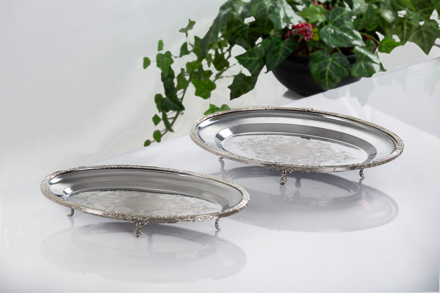 Silver Footed Serving Tray | Oval Decorative Platter