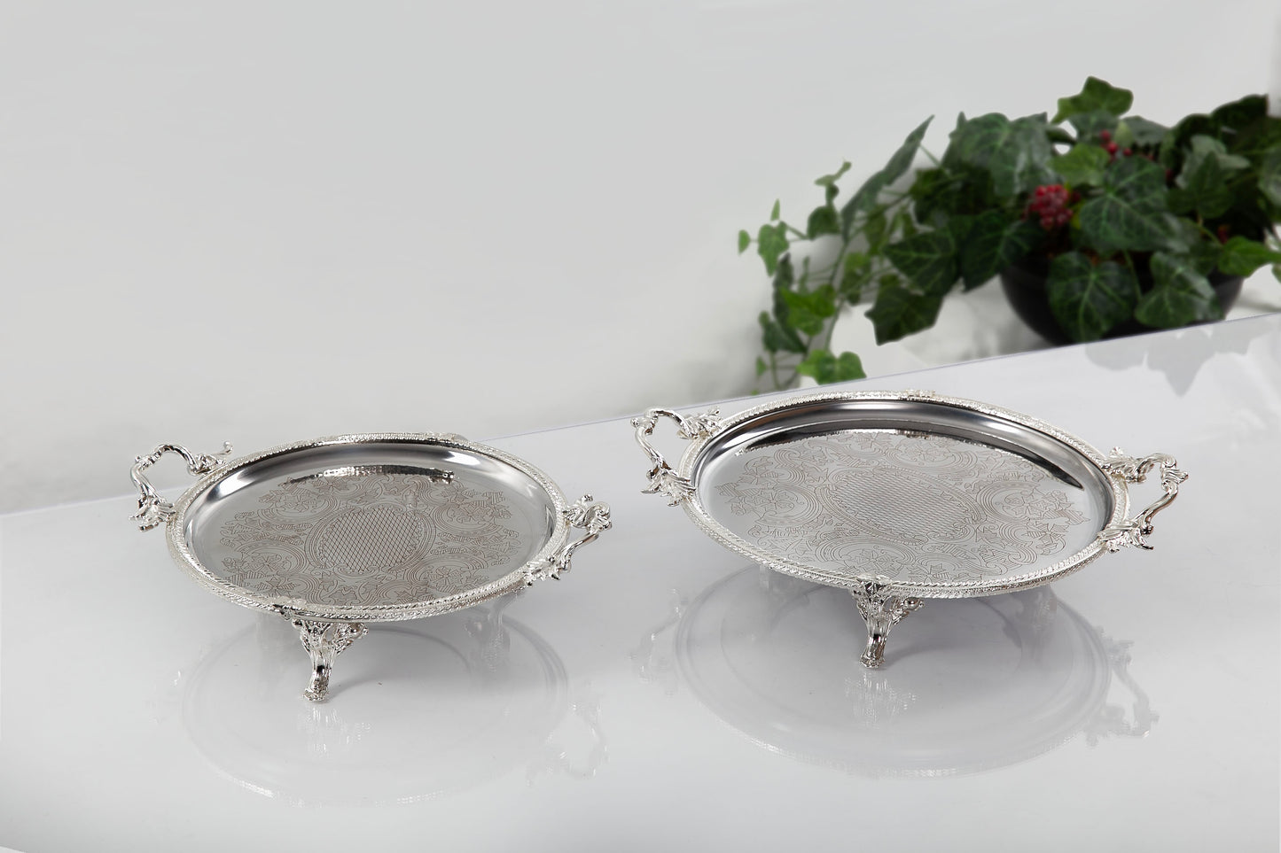 Silver Footed Serving Tray with Handles | Round Decorative Platter