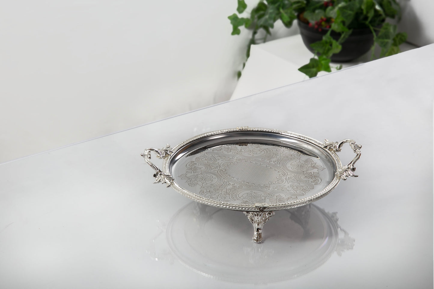Silver Footed Serving Tray with Handles | Round Decorative Platter
