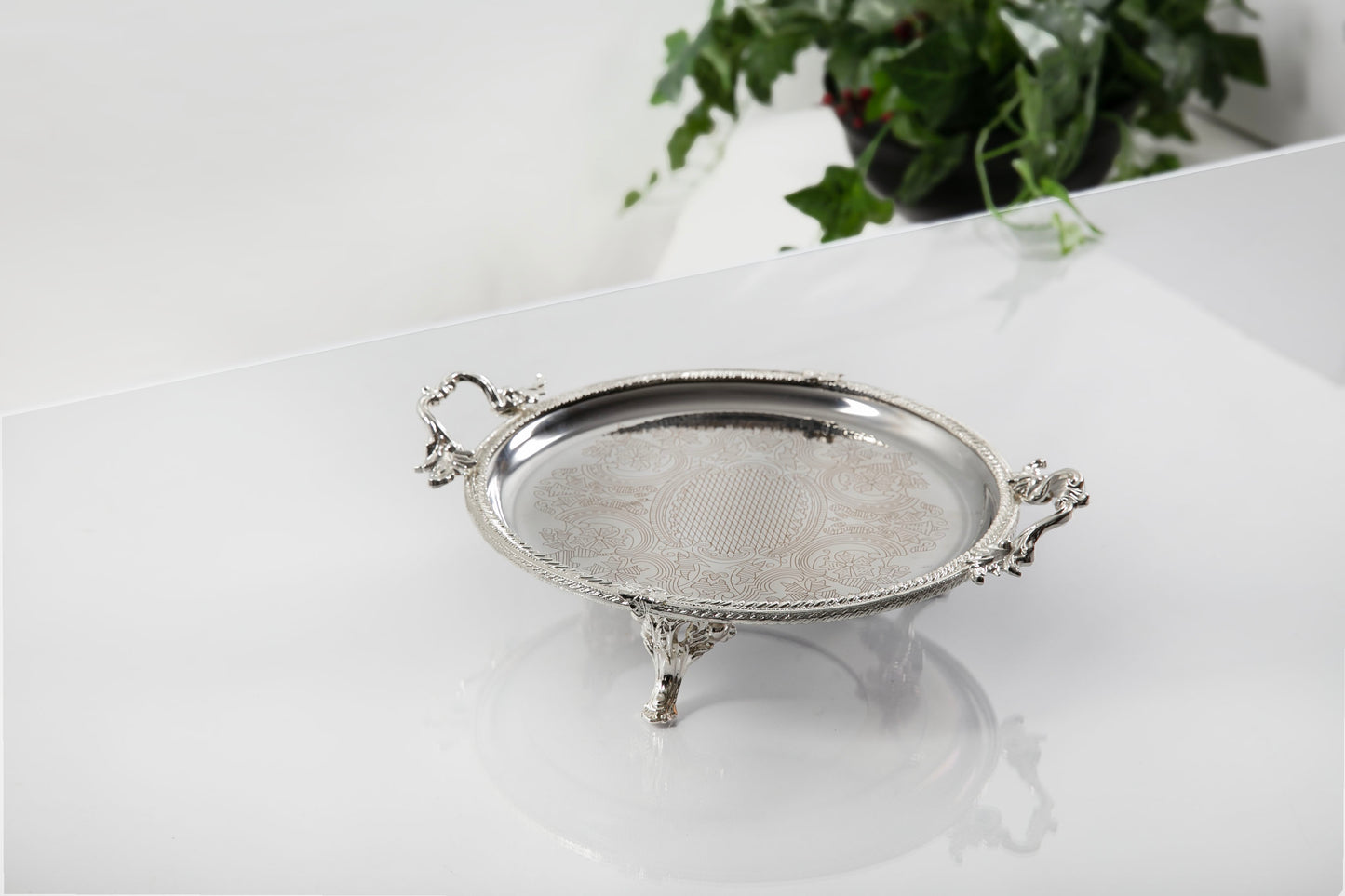 Silver Footed Serving Tray with Handles | Round Decorative Platter