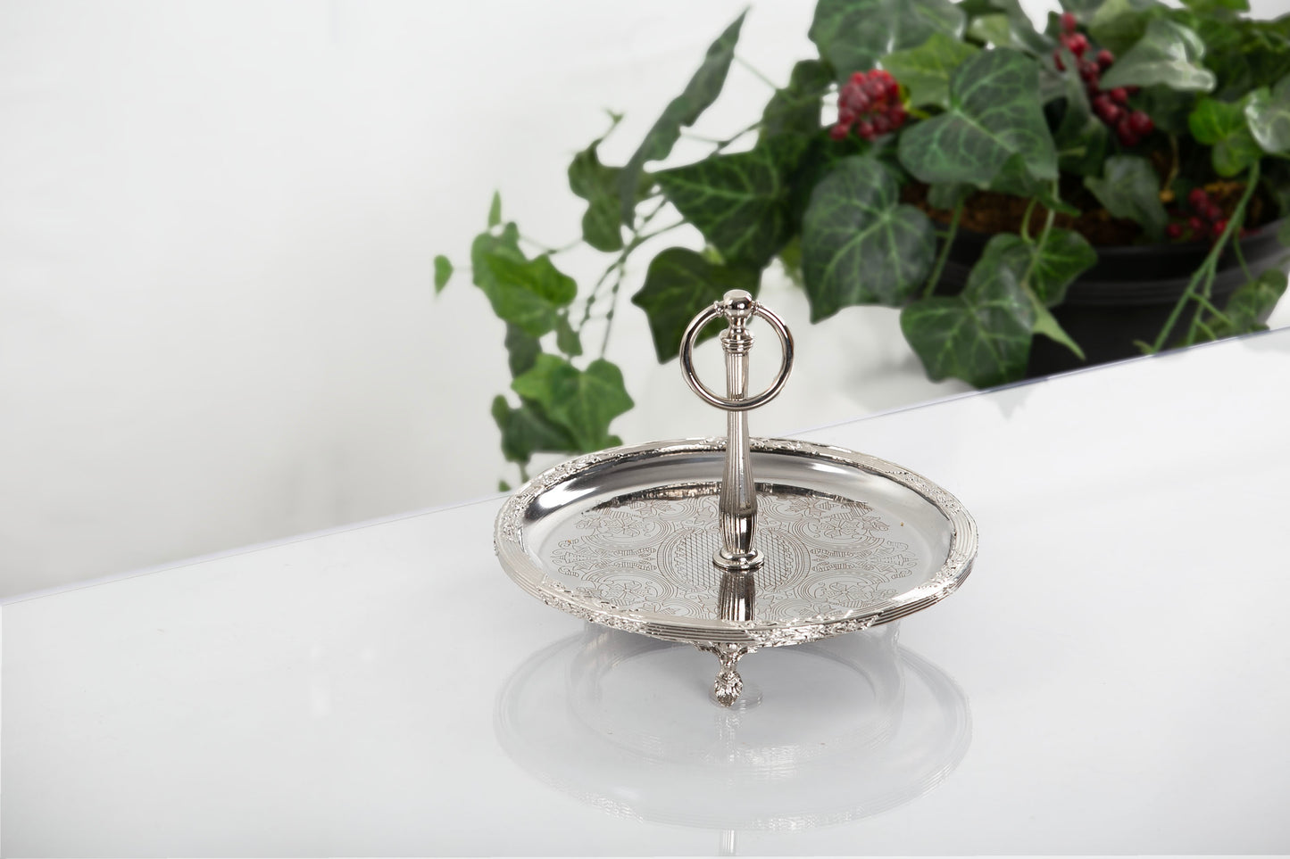 Silver Serving Tray with Handle | Vintage Round Dessert & Tea Tray
