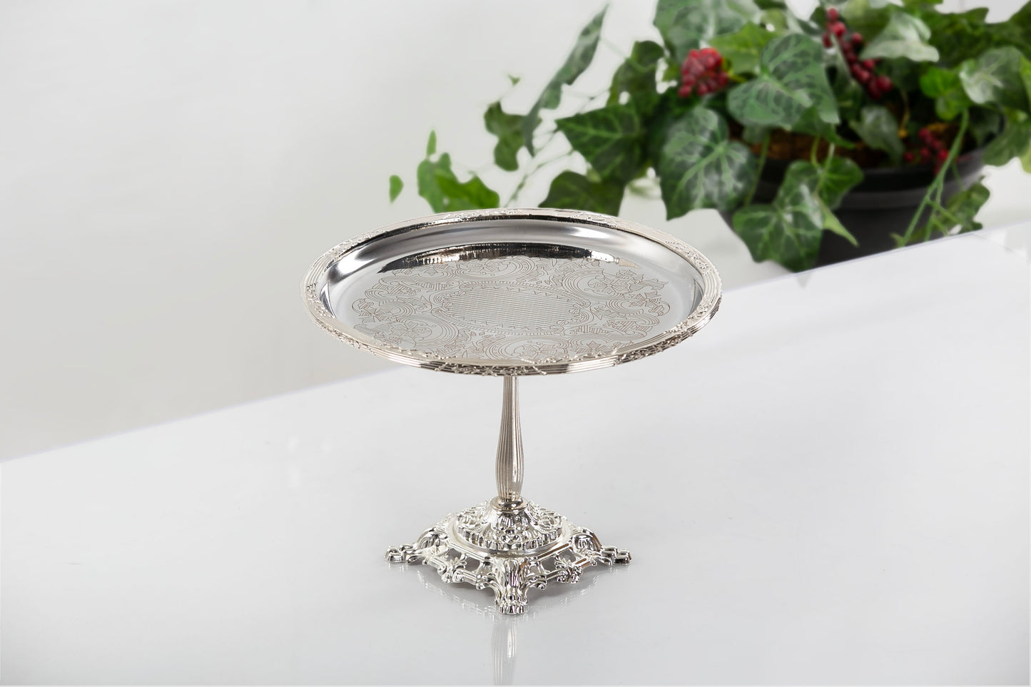 Gold Pedestal Dessert Stand | Vintage Metal Cake Display Tray