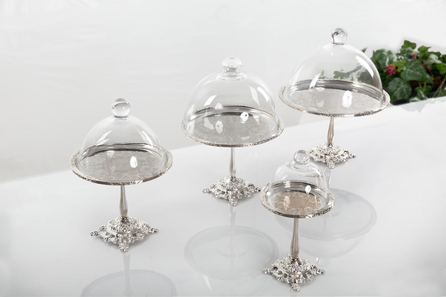 Silver Pedestal Dessert Stand with Glass Dome | Gold, Silver & Antique Finish