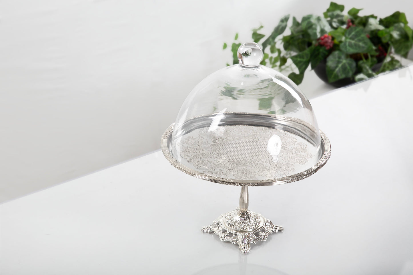 Silver Pedestal Dessert Stand with Glass Dome | Gold, Silver & Antique Finish