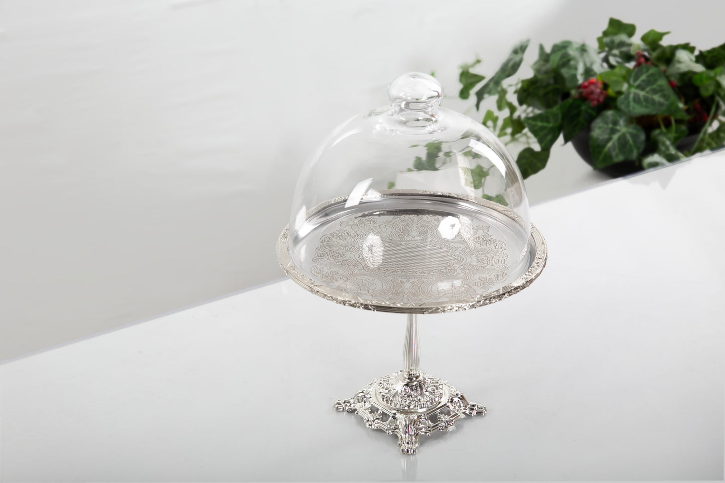 Silver Pedestal Dessert Stand with Glass Dome | Gold, Silver & Antique Finish