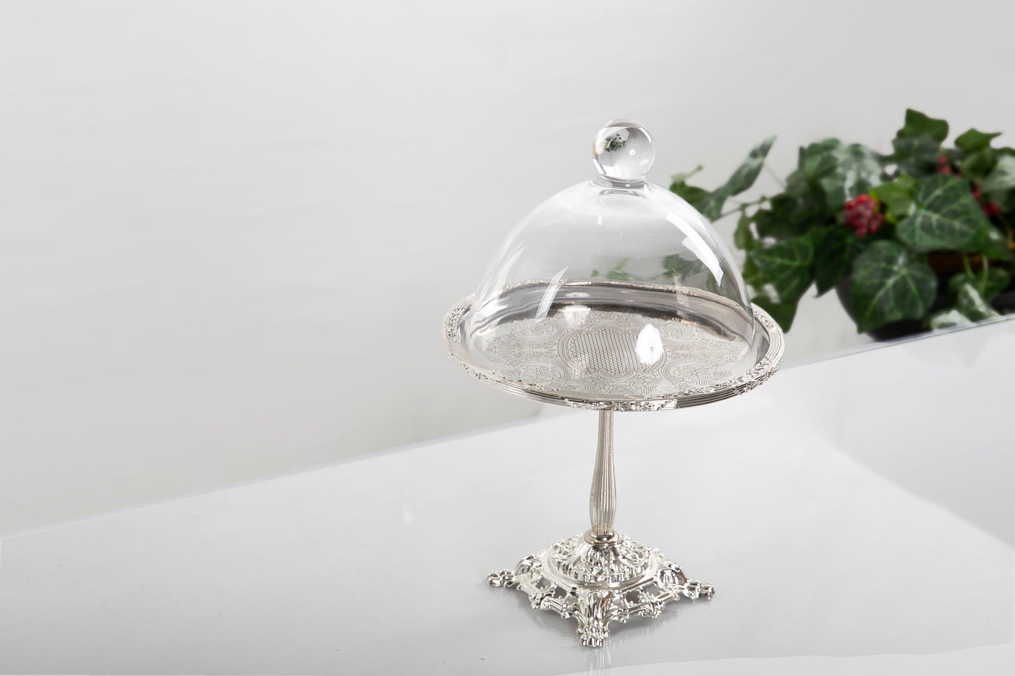 Silver Pedestal Dessert Stand with Glass Dome | Gold, Silver & Antique Finish