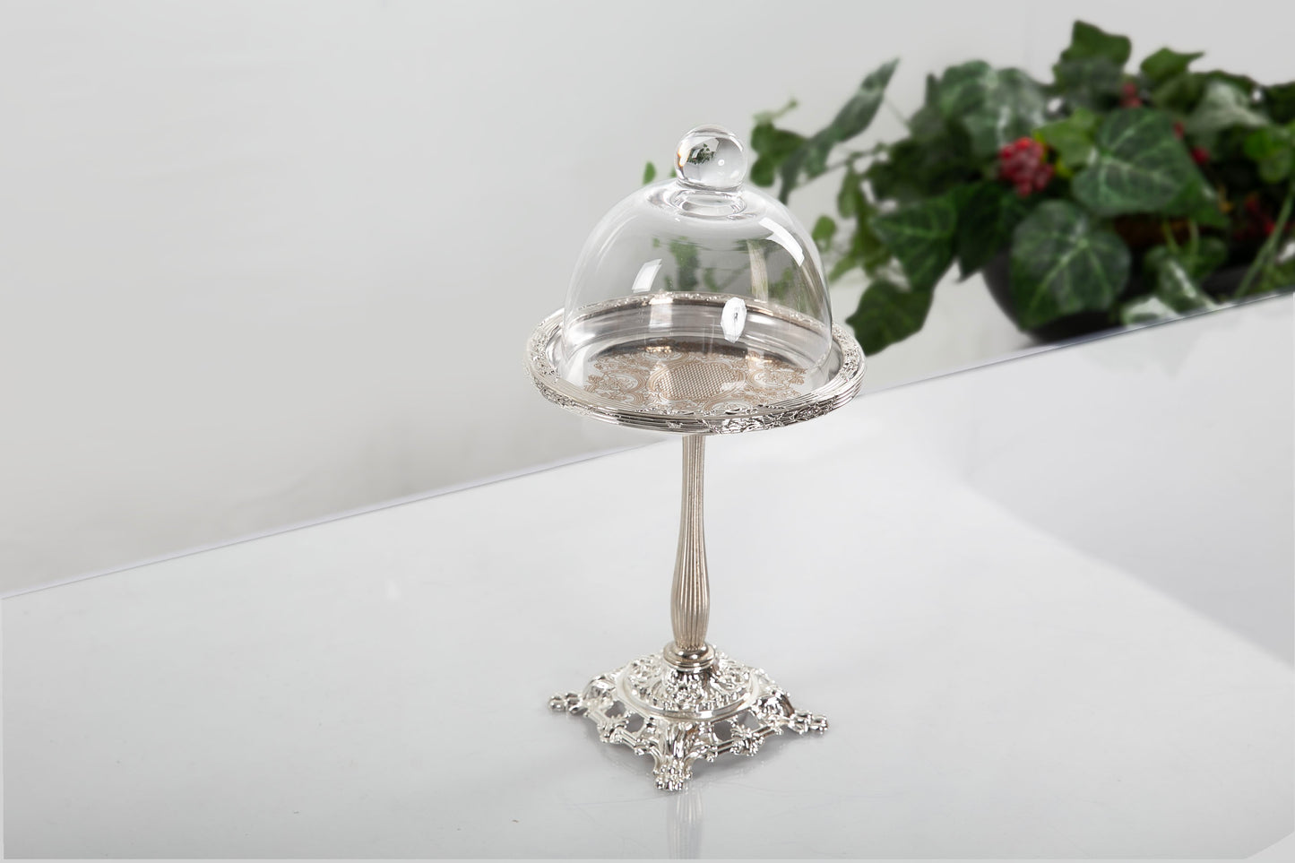 Silver Pedestal Dessert Stand with Glass Dome | Gold, Silver & Antique Finish