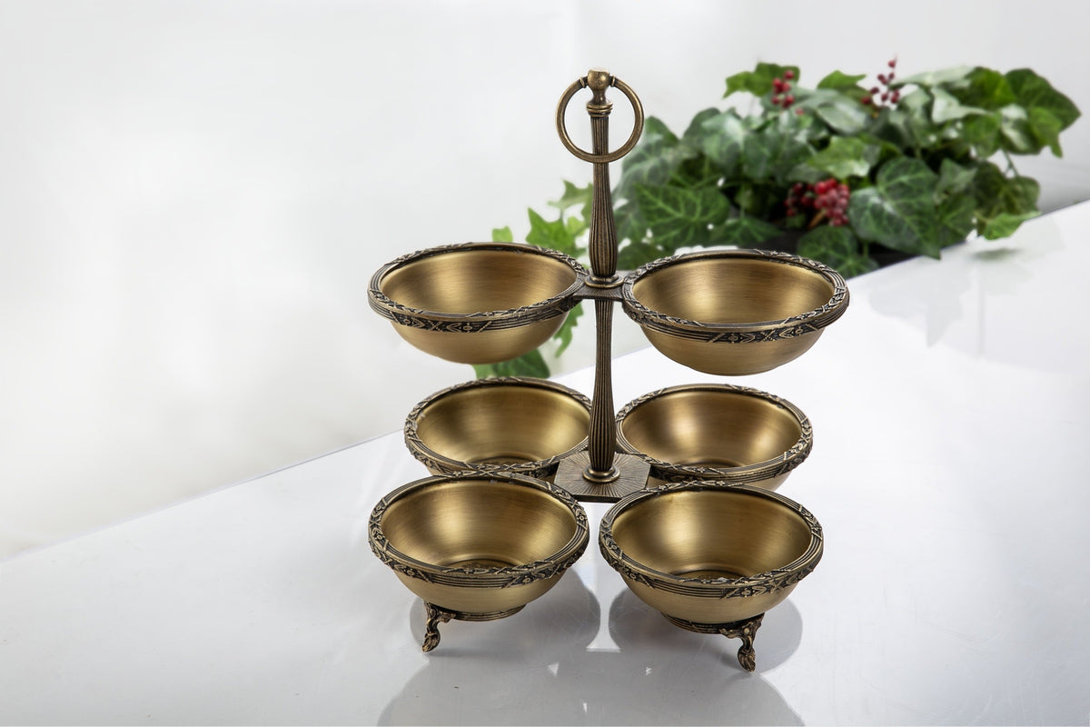 Antique 6 Bowl Snack, Condiment Serving Stand – Gold Silver Vintage