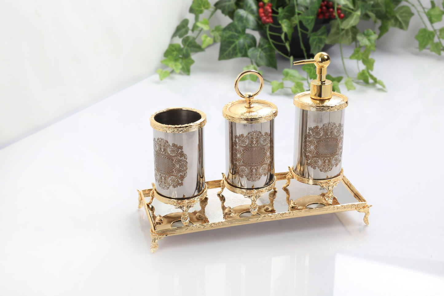 Luxury Gold Bathroom Accessories Set with Vanity Tray, Baroque Soap Dispenser and Toothbrush Holder, Elegant Housewarming Gift