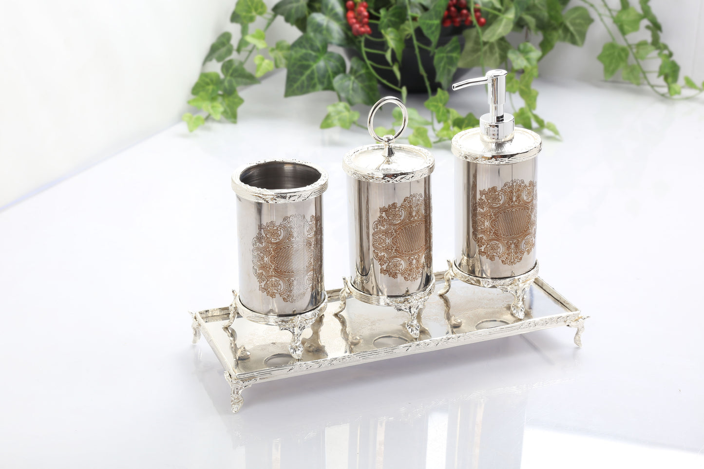 Luxury Gold Bathroom Accessories Set with Vanity Tray, Baroque Soap Dispenser and Toothbrush Holder, Elegant Housewarming Gift