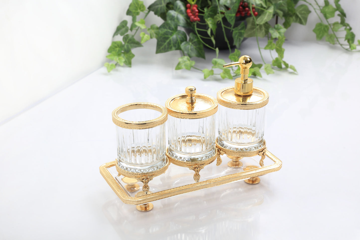 Luxury Bathroom Accessory Set Crystal Glass Vanity Organizer Toothbrush Holder Soap Dispenser Tray Gold Silver