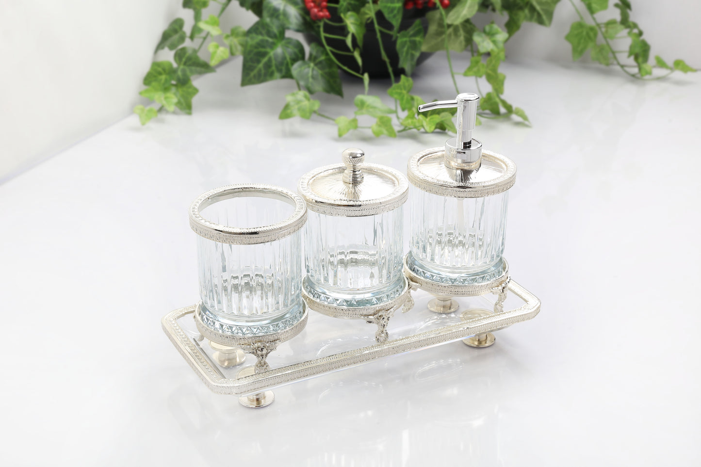 Luxury Bathroom Accessory Set Crystal Glass Vanity Organizer Toothbrush Holder Soap Dispenser Tray Gold Silver