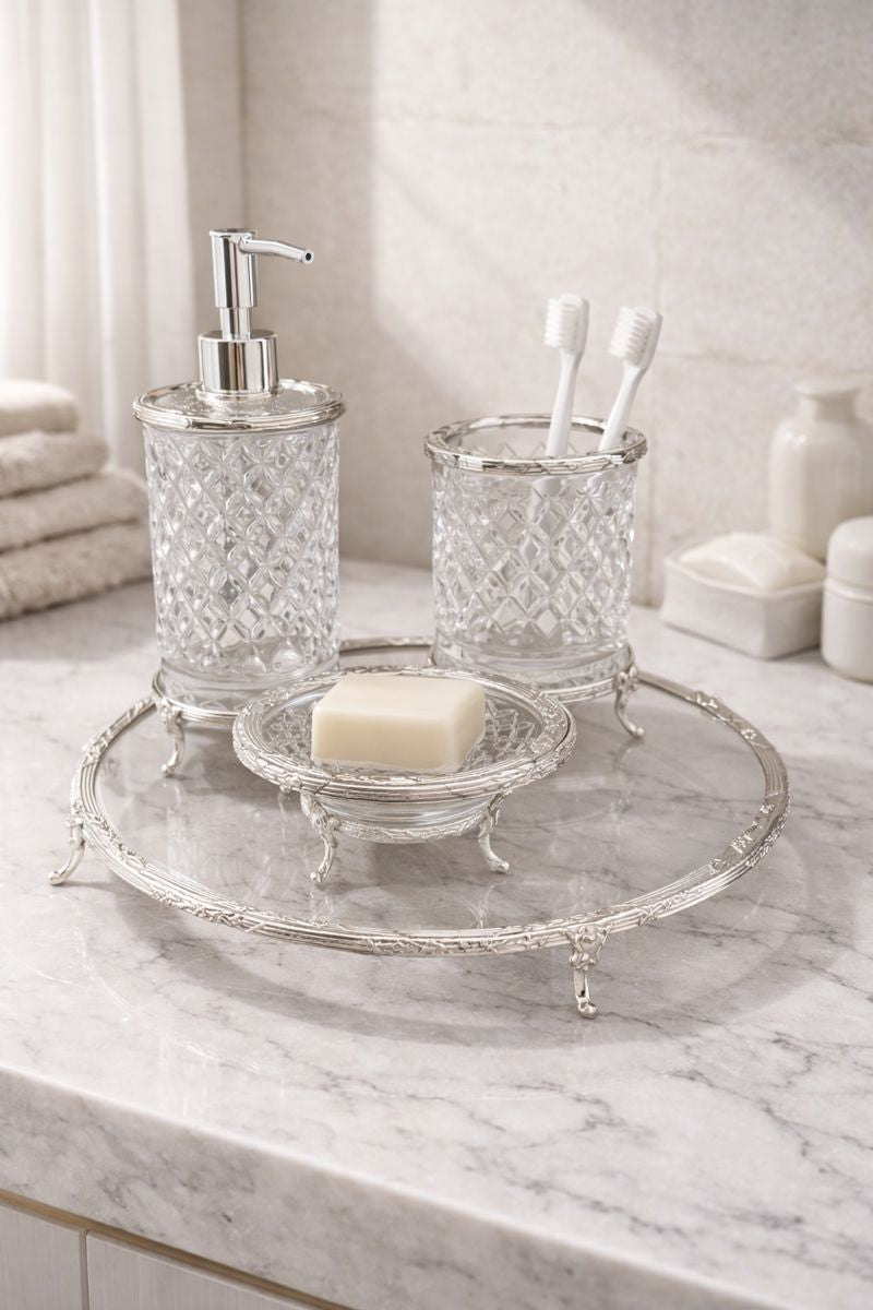 Silver Luxury 4 Piece Bathroom Accessory Set | Crystal Glass with Ornate Metal Stand | Soap Dispenser, Dish, Toothbrush Holder & Tray