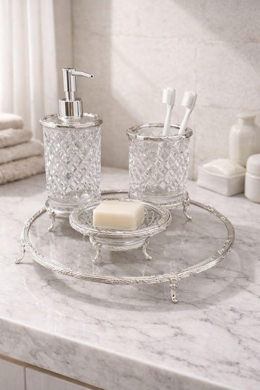 Silver Luxury 4 Piece Bathroom Accessory Set | Crystal Glass with Ornate Metal Stand | Soap Dispenser, Dish, Toothbrush Holder & Tray