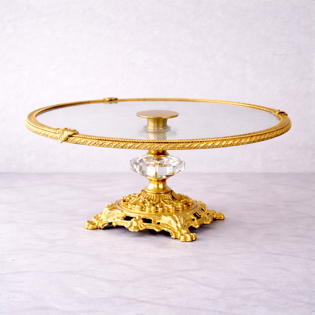 Gold Glass Cake Stand 11.4 in (29 cm) | Ornate Pedestal Display Stand for Desserts & Pastries