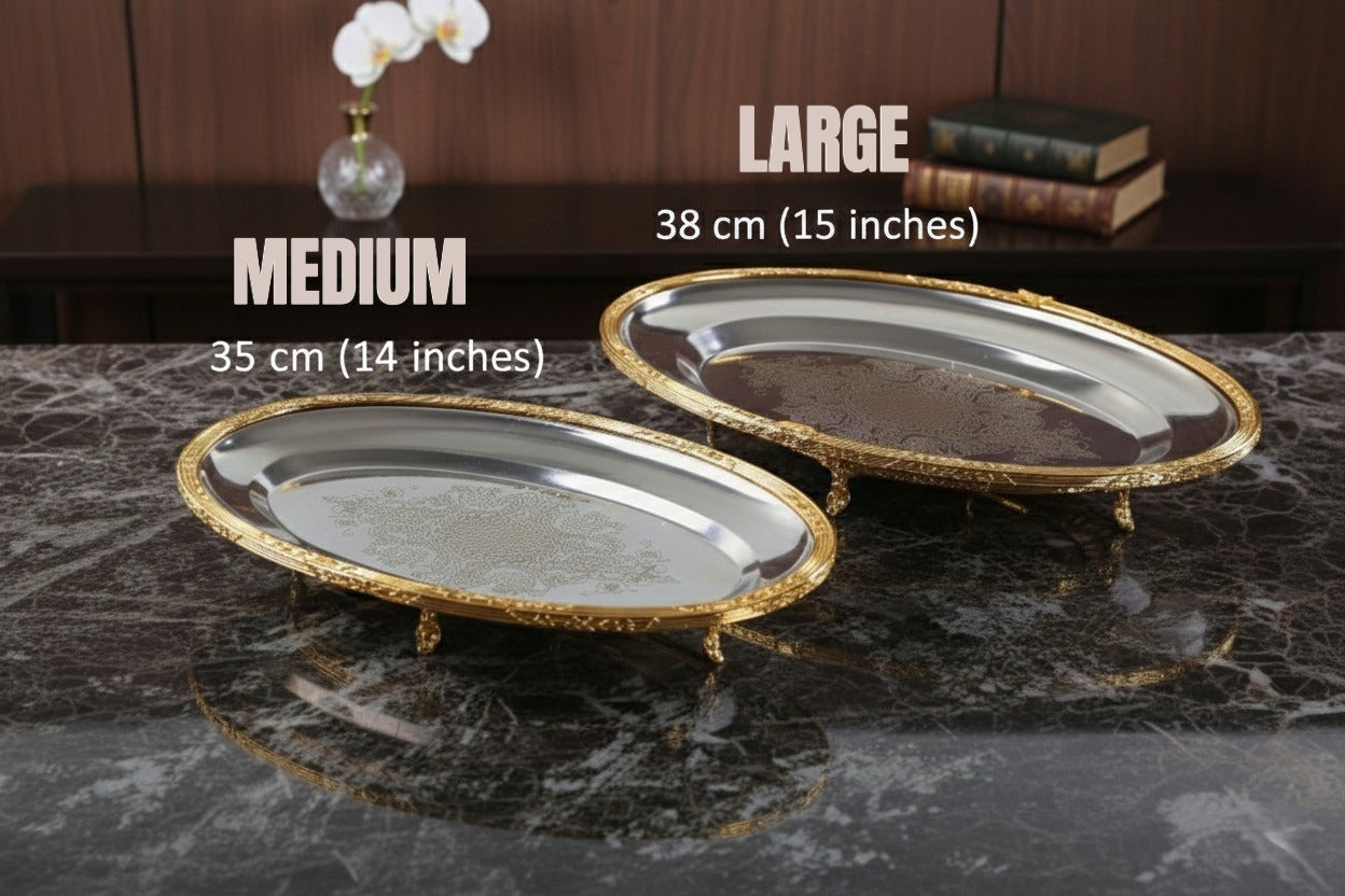 Silver Oval Serving Tray with Feet, Decorative Metal Presentation Platter for Home and Events