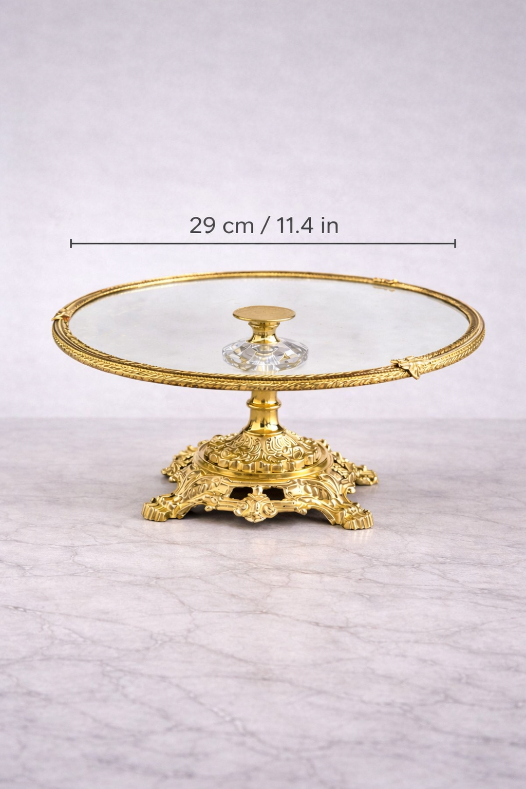 Gold Glass Cake Stand 11.4 in (29 cm) | Ornate Pedestal Display Stand for Desserts & Pastries