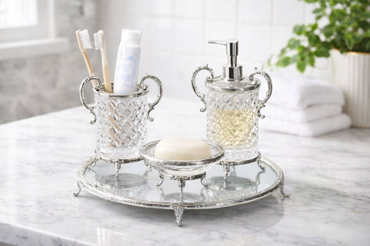 Antique 4 Piece Crystal Glass Bathroom Accessory Set with Ornate Metal Stand | Luxury Soap Dispenser