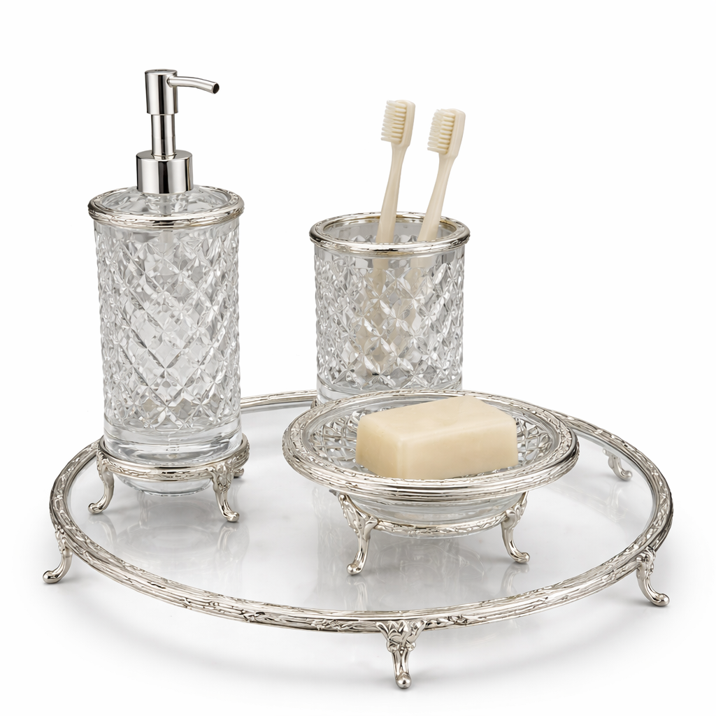 Silver Luxury 4 Piece Bathroom Accessory Set | Crystal Glass with Ornate Metal Stand | Soap Dispenser, Dish, Toothbrush Holder & Tray