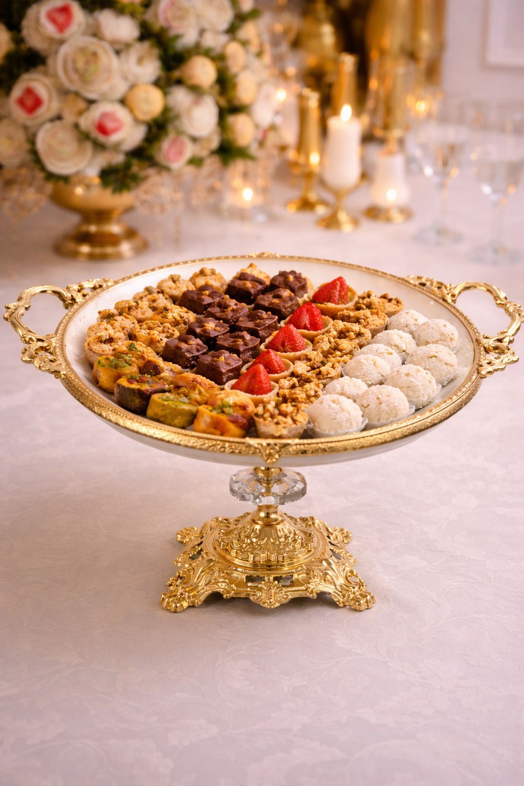 Gold Vintage Pedestal Wedding Cake Stand, Porcelain Dessert Display, 30 cm