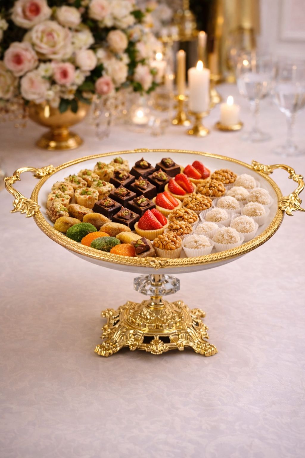 Gold Vintage Pedestal Wedding Cake Stand, Porcelain Dessert Display, 30 cm